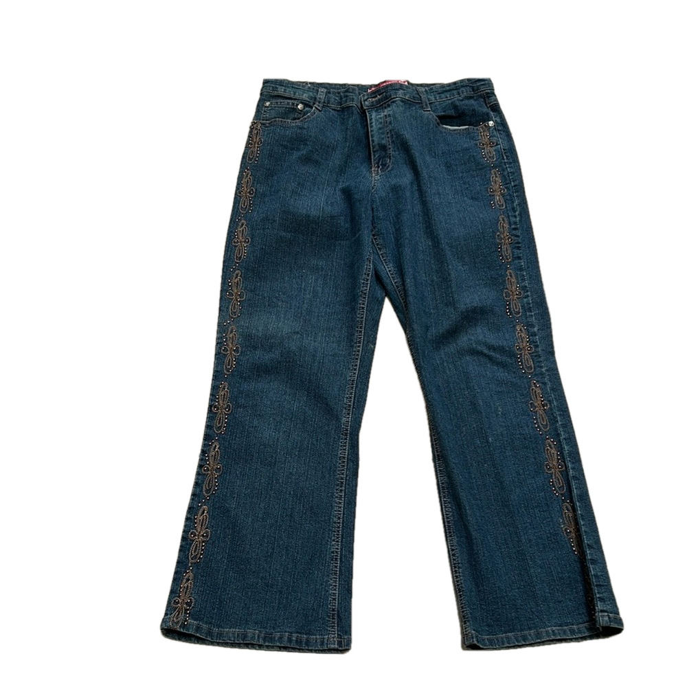 Cos Women’s Denim Y2K Boho Hippie Studded Embroidered Bootcut Blue Jeans Sz 12P - Picture 2 of 16